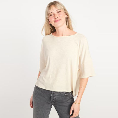 Kaos Wanita - Elbow-Sleeve Luxe Oversized Crop T-Shirt [MO-ONTW 15]