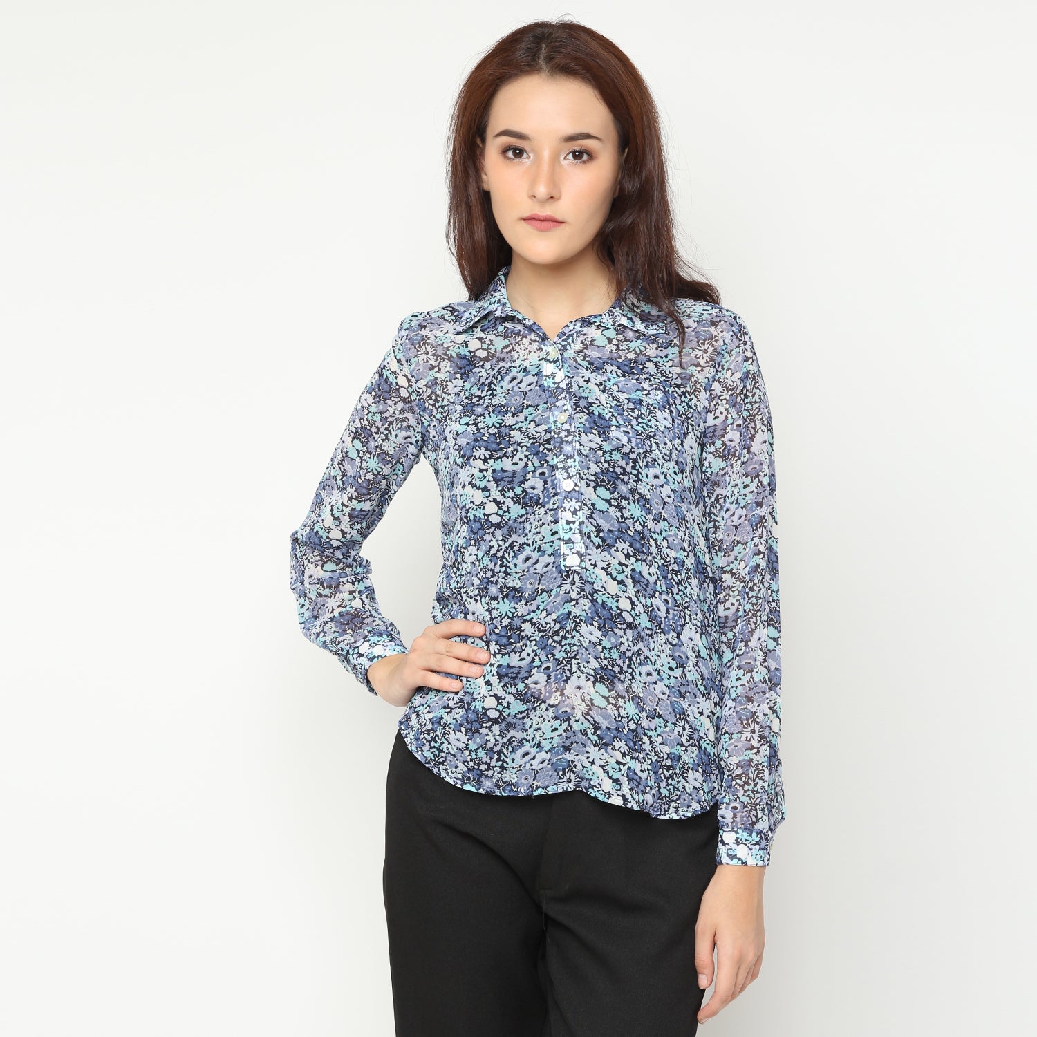 Kemeja wanita-Popover Blue Floral Shirt (ATS 16)