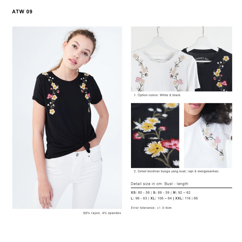 Kaos Round Neck Wanita-Soft Floral Emboirded Graphic Stretch Tee (ATW 09)