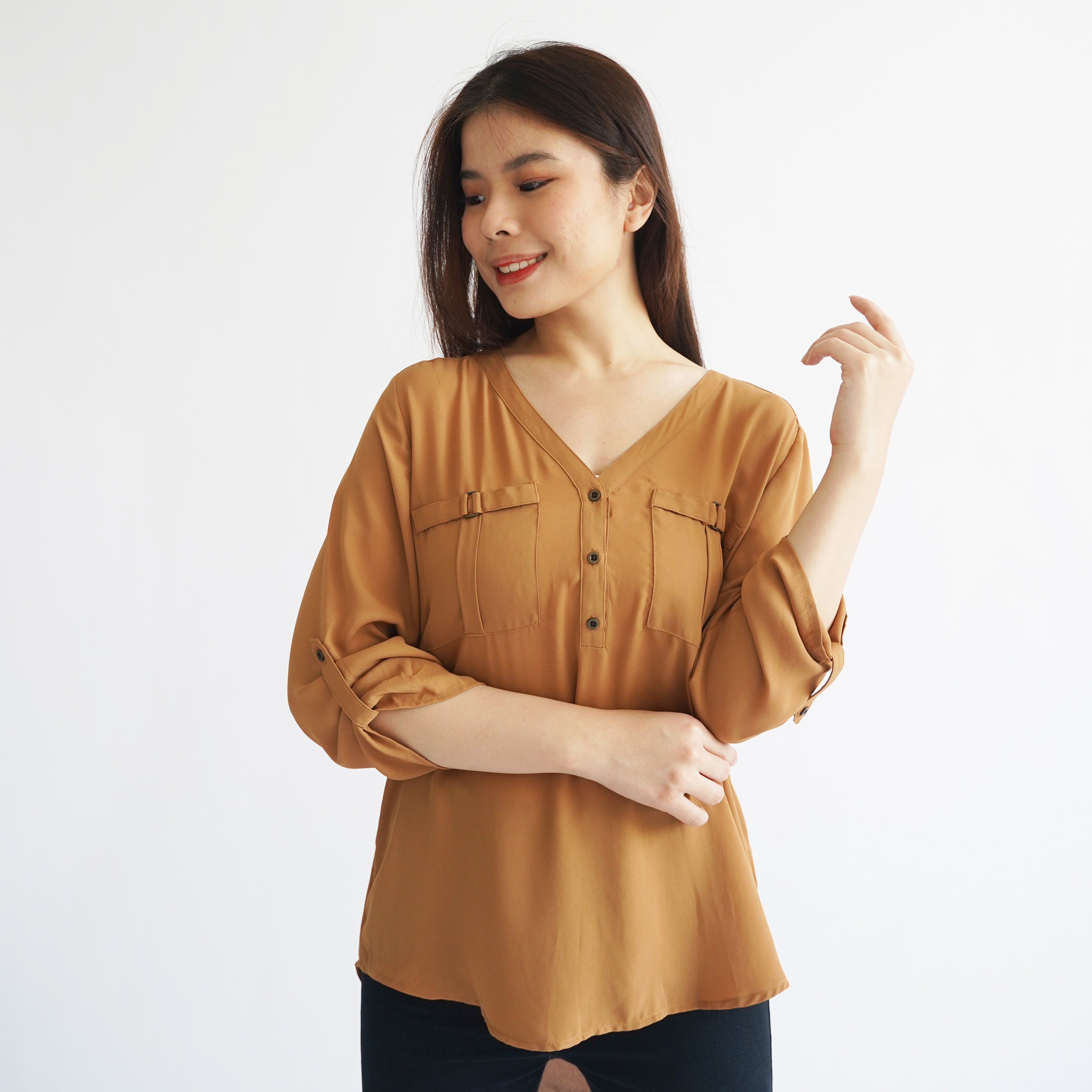 Blouse Wanita V-Neck Pocket floral & solid [CG-MAU 01]