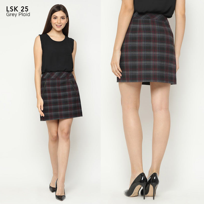 Rok wanita- Rok branded- Double Front Pocket Grey Plaid Skirt [LSK 25]
