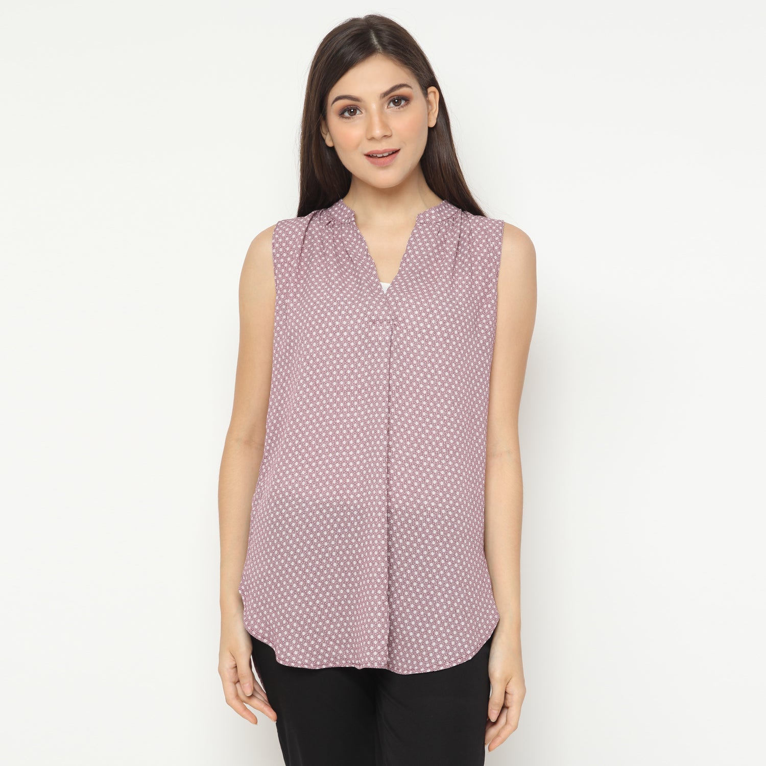 Atasan Wanita  - Purple Abstract V-Neck Top (LTS 59)